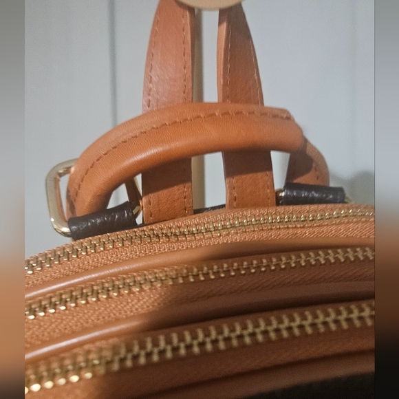 VALENTINA Leather Sling Triple Compartment Bookbag In Black With Tan Trim. - Picture 7 of 16